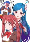  3girls aikatsu! blue_eyes blue_hair blush braid camera clearite hair_brushing kazesawa_sora long_hair multiple_girls open_mouth redhead school_uniform shibuki_ran smile sweatdrop taking_picture thought_bubble twin_braids 