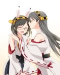  animal_ears bare_shoulders black_hair closed_eyes detached_sleeves glasses hairband hands_on_shoulders haruna_(kantai_collection) incipient_kiss japanese_clothes kantai_collection kirishima_(kantai_collection) kisetsu kiss long_hair multiple_girls rabbit_ears short_hair smile 