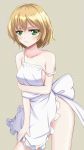  1girl absurdres apron bare_arms bare_shoulders blonde_hair collarbone green_eyes highres mizuhashi_parsee naked_apron off_shoulder pointy_ears solo strap_slip touhou wendell 