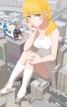  blonde_hair blue_eyes car city destruction giantess helicopter highres leg_hug motor_vehicle original ponytail sitting socks uru_(uru0000) vehicle 