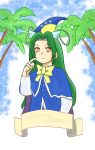  1girl cape capelet dai3wakusei green_hair hat highres long_hair mima orange_eyes palm_tree ribbon takemoto_izumi_(style) touhou touhou_(pc-98) tree wizard_hat 