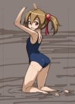  1girl arms_up bare_shoulders blush brown_hair hair_ribbon kneeling looking_at_viewer looking_back partially_submerged red_eyes ribbon rohitsuka school_swimsuit shiny shiny_hair silica sketch smile solo swimsuit sword_art_online twintails water 