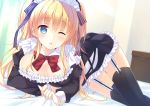  1girl :o arm_support bed bekotarou blonde_hair blue_eyes blush bow breasts cleavage detached_collar dress garter_straps hair_ribbon long_hair lying maid maid_headdress one_eye_closed open_mouth original ribbon solo thigh-highs wrist_cuffs 