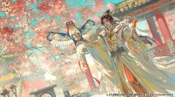  1boy belt bishounen blue_sky brown_hair building cherry_blossoms chinese_clothes chinese_commentary commentary_request day dutch_angle flower gold_trim grey_eyes hair_bun hanfu highres holding holding_kite holding_string huadian jewelry kite kite_string long_hair long_sleeves male_focus official_art open_mouth outdoors palace parted_bangs pastel_colors pink_flower prince railing robe single_hair_bun sky smile solo starember string sunlight tianguan_cifu weibo_watermark white_hanfu white_robe wide_sleeves xiao_guan_(headdress) xie_lian 