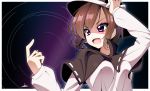  1girl adjusting_clothes adjusting_hat bow brown_hair capelet hat hat_bow highres miton15 open_mouth pointing pointing_up short_hair solo touhou usami_renko violet_eyes 