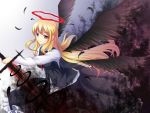  1girl apro black_wings blonde_hair darkness ex-rumia feathers frilled_skirt frills halo long_hair rumia shirt skirt smile sword touhou vest weapon wings 