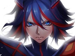  1girl blue_eyes blue_hair ito_mijinko kill_la_kill looking_at_viewer matoi_ryuuko multicolored_hair redhead senketsu short_hair simple_background two-tone_hair white_background 