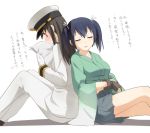  2girls artist_self-insert back-to-back brown_hair female_admiral_(kantai_collection) japanese_clothes kantai_collection kisetsu military military_uniform multiple_girls short_hair souryuu_(kantai_collection) translated twintails uniform 