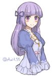  1girl aikatsu! azit_(possibilite) bow frills hair_bow hikami_sumire hime_cut jewelry long_hair necklace purple_hair sketch smile solo twitter_username v_arms violet_eyes white_background 