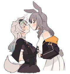  2girls alternate_costume animal_ears belt black_belt black_capelet black_dress black_gloves black_hairband black_jacket blush breasts capelet closed_eyes commentary cropped_torso dog_ears dog_girl dog_tail dress elbow_gloves english_commentary firefly_(honkai:_star_rail) from_side gloves gradient_hair grey_hair hairband heart highres holding_hands honkai:_star_rail honkai_(series) jacket kemonomimi_mode long_hair long_sleeves looking_at_another medium_breasts multicolored_hair multiple_girls noses_touching off_shoulder open_clothes open_jacket parkeeer profile rabbit_ears rabbit_girl rabbit_tail short_sleeves short_tail simple_background sleeveless sleeveless_dress smile stelle_(honkai:_star_rail) tail trailblazer_(honkai:_star_rail) white_background white_dress white_hair yuri 