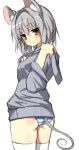  1girl 5240mosu alternate_costume animal_ears ass colored dress_shirt grey_hair highres hood hoodie long_sleeves looking_at_viewer looking_back mouse_ears mouse_tail nazrin panties red_eyes shirt short_hair simple_background sketch smile solo striped striped_panties tail thigh-highs touhou underwear white_background white_legwear 