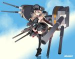  1girl bismarck_(kantai_collection) blonde_hair blue_eyes breasts gloves hat kantai_collection long_hair military military_hat naitou_ryuu peaked_cap sky solo standing standing_on_one_leg standing_on_water thigh-highs twitter_username 