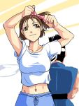  1boy 1girl arikawa back-to-back breasts brown_eyes brown_hair hair_ribbon hanzo_(world_heroes) headband izumo_ryoko midriff one_side_up ribbon short_hair smile solo_focus t-shirt world_heroes 