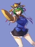  1girl blue_background bow green_eyes green_hair hat highres holding long_sleeves looking_at_viewer open_mouth ribbon shiki_eiki short short_hair simple_background skirt solo temmasa22 touhou 