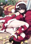  1girl ass bare_shoulders black_hair blue_eyes blush boots character_request christmas_lights christmas_ornaments christmas_tree elbow_gloves gloves hat lena_(zoal) one_eye_closed pantyhose pom_pom_(clothes) red_gloves sack santa_costume santa_hat short_hair solo tears torn_clothes torn_pantyhose white_legwear wince 