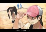  2girls adjusting_clothes adjusting_hat ball baseball_cap beach beachball brown_hair hat mage_(replica) multiple_girls original ponytail smile sports_bikini wristband 