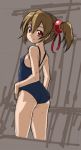  1girl ass bare_shoulders brown_hair hair_ribbon looking_back red_eyes ribbon rohitsuka school_swimsuit shiny shiny_hair silica sketch smile solo swimsuit sword_art_online twintails 