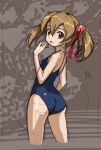  1girl :o ass bare_shoulders brown_hair dated from_behind hair_ribbon looking_back red_eyes ribbon rohitsuka school_swimsuit shiny shiny_hair silica sketch solo swimsuit sword_art_online twintails 