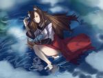  1girl animal_ears bare_shoulders barefoot brooch brown_eyes brown_hair collarbone dress fingernails imaizumi_kagerou jewelry long_hair looking_at_viewer solo tagme tail touhou water wolf_ears wolf_tail 