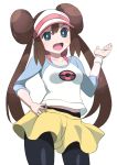  1girl blue_eyes brown_hair double_bun long_hair mei_(pokemon) pantyhose pokemon raglan_sleeves shift_(0808) solo twintails visor_cap 