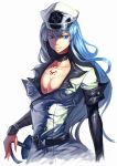  1girl akame_ga_kill! blue_eyes blue_hair breasts cleavage collarbone esdeath large_breasts long_hair looking_at_viewer military military_uniform simple_background solo uniform white_background 