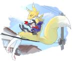  1boy 1girl animal_ears closed_eyes digimon digimon_tamers fox_ears fox_tail furry gloves height_difference impmon power_lines red_gloves red_scarf renamon scarf sitting sitting_on_lap sitting_on_person tail yuriyuri_(ccc) 