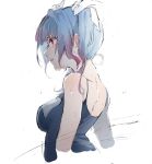  1girl bare_shoulders blue_hair breasts hair_ribbon i-19_(kantai_collection) kantai_collection large_breasts long_hair one-piece_swimsuit open_mouth ragu_(myan_nyan) red_eyes ribbon school_swimsuit short_hair solo swimsuit twintails wet 