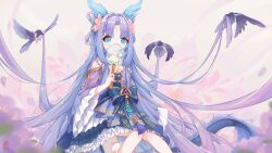  1girl absurdly_long_hair bambinata:_vitrum_(pgr) bambinata_(pgr) bare_shoulders bird blue_dress blue_eyes blue_hair blurry blurry_background blush ci_wen_jian_bu_cun_zai covered_mouth covering_own_mouth dragon dragon_girl dress eastern_dragon_horns eastern_dragon_tail feet_out_of_frame flower frilled_dress frilled_sleeves frills hair_flower hair_intakes hair_ornament hand_fan highres holding holding_fan light_blue_hair long_hair long_sleeves looking_at_viewer original parted_bangs pink_flower purple_dress purple_hair sitting solo tail very_long_hair wide_sleeves 