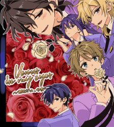  5boys :d ahoge black_hair black_necktie blonde_hair blue_border blue_eyes blue_hair blush border brown_hair closed_mouth collared_shirt double-parted_bangs ensemble_stars! falling_petals floating_hair flower hair_between_eyes hair_intakes hakaze_kaoru hand_up hidaka_hokuto highres holding holding_flower jacket kanzaki_souma long_hair looking_at_viewer looking_back motoyui multiple_boys necktie one_eye_closed ouran_high_school_host_club ouran_high_school_uniform outline outside_border parody parted_bangs parted_lips petals ponytail purple_hair purple_jacket qjsldgkxm red_eyes red_flower red_rose rose sakuma_rei_(ensemble_stars!) school_uniform shirt short_hair sidelocks smile song_name takamine_midori v-shaped_eyebrows violet_eyes white_flower white_outline white_petals white_rose white_shirt wing_collar wolf_cut yellow_eyes 