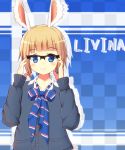  1girl animal_ears blonde_hair blue_eyes blush checkered checkered_background glasses highres looking_at_viewer negishio short_hair smile solo 