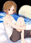  1girl barefoot blush brown_eyes brown_hair itou_serika komone_ushio open_mouth rice rice_bowl saliva short_hair shorts solo space star_(sky) tank_top uchuu_kyoudai 