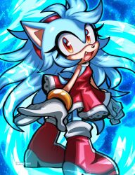  1girl alternate_color amy_rose animal_ears animal_nose blue_fur bracelet commentary dress english_commentary furry furry_female gloves glowing gold_bracelet hairband hedgehog_girl highres jewelry looking_at_viewer open_mouth orange_eyes pontiikii red_dress red_footwear red_hairband short_tail smile solo sonic_(series) standing super_amy_rose tail watermark white_gloves 