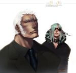  2boys aqua_hair blue_eyes casual collar dark_skin forehead_jewel formal fur_collar lips lividvelvet long_hair multiple_boys necktie nose remy_(street_fighter) short_hair street_fighter street_fighter_iii street_fighter_iii:_3rd_strike suit sunglasses urien white_hair 