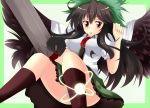  1girl arm_cannon between_breasts bird_wings black_hair black_legwear black_wings blouse blush bow breasts cannon cape frilled_skirt frills greaves green_skirt hair_ribbon kneehighs large_breasts light light_particles light_trail long_hair nitoridio open_mouth puffy_sleeves red_eyes reiuji_utsuho ribbon shirt short_sleeves skirt solo third_eye touhou weapon white_shirt wings 