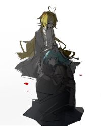  2others alternate_costume androgynous antenna_hair bad_id bad_twitter_id blonde_hair blood_drop blue_hair closed_eyes closed_mouth commentary eyelashes fujiwara_no_iyozane full_body grey_haori grey_jacket hair_down hand_on_another&#039;s_head haori hashtag-only_commentary heart_antenna_hair highres holding_hands jacket japanese_clothes kimono lap_pillow len&#039;en light_frown long_hair long_sleeves multiple_others ooama_no_ake_no_mitori other_focus self-harm_scar simple_background sitting smile very_long_hair white_background white_kimono wide_sleeves yellow_eyes yoiame 