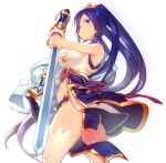  1girl bare_shoulders blue_eyes blue_hair breasts cowboy_shot hair_over_one_eye long_hair mckeee oui ponytail profile sangokushi_puzzle_taisen sangokushi_taisen solo sword thigh-highs vambraces weapon white_background white_legwear 