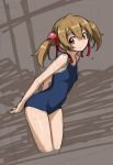  1girl bare_shoulders brown_hair hair_ribbon leaning_forward looking_at_viewer red_eyes ribbon rohitsuka school_swimsuit shiny shiny_hair silica sketch smile solo swimsuit sword_art_online twintails 