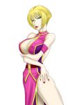  1girl armband bare_shoulders belt blonde_hair bloody_roar breasts center_opening cleavage cockeyed crossed_arms eyeshadow flipped_hair green_eyes jenny_burtory large_breasts lipstick long_dress makeup ml nail_polish short_hair side_slit solo 