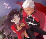  1boy 1girl archer blue_eyes brown_hair carrying dark_skin fate/stay_night fate_(series) hair_ribbon makke_(oqdbpo) one_eye_closed princess_carry ribbon tohsaka_rin toosaka_rin two_side_up white_hair 