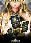  1girl armor bare_shoulders blonde_hair card character_name commentary copyright_name eminence:_xander&#039;s_tales helmet highres infinite-z lips long_hair parted_lips playing_card solo 