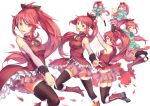  1girl bow casual denim denim_shorts hair_bow henshin hoodie long_hair magical_girl mahou_shoujo_madoka_magica midriff petals pg_(pgouwoderen) ponytail red_eyes redhead sakura_kyouko shorts smile soul_gem thigh-highs zettai_ryouiki 