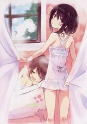  2girls absurdres bath bathtub black_eyes black_hair breasts brown_hair cleavage closed_eyes curtains dress hair_up highres kyuri looking_at_viewer looking_back multiple_girls open_mouth original panties scan see-through short_hair sleeping steam underwear water window wrist_cuffs 