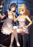  2girls apron ayase_eli bare_arms blonde_hair blue_eyes blue_hair blush bow breasts brown_eyes cleavage cup dance_of_eternity dress drink garter_straps long_hair love_live!_school_idol_project maid maid_headdress multiple_girls ponytail puffy_sleeves ribbon short_sleeves sonoda_umi teacup thigh-highs white_legwear wrist_cuffs 
