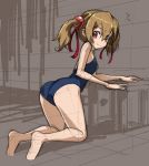  1girl ass bare_shoulders brown_hair hair_ribbon kneeling looking_at_viewer looking_back red_eyes ribbon rohitsuka school_swimsuit shiny shiny_hair silica sketch smile solo swimsuit sword_art_online twintails 