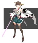  akitetsu bare_shoulders brown_hair detached_sleeves energy_sword hairband headgear hiei_(kantai_collection) japanese_clothes kantai_collection lightsaber nontraditional_miko pleated_skirt short_hair skirt smile star_wars sword thigh-highs two-tone_background weapon zettai_ryouiki 