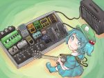  1girl amplifier blue_eyes blue_hair effects_pedal electric_guitar guitar hair_bobbles hair_ornament hat instrument kawashiro_nitori looking_at_viewer looking_up solo touhou twintails yume_giwa 