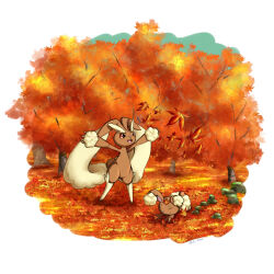  1girl 1other ^_^ animal_ears animal_nose arms_up autumn autumn_leaves body_fur border brown_fur buneary closed_eyes closed_mouth commentary_request day flat_chest full_body furry furry_female happy highres legs_apart looking_up lopunny lying numeito on_ground on_stomach open_mouth outdoors outstretched_arms pointy_ears pokemon pokemon_(creature) rabbit_ears rabbit_girl rabbit_tail red_eyes round_image short_tail smile spread_arms standing tail tree two-tone_fur white_border wide_hips yellow_fur 