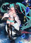  1girl aqua_eyes aqua_hair boots cable camisole elbow_gloves gloves hatsune_miku headphones highres lips long_hair midriff navel nose short_shorts shorts small_breasts solo spot_(artist) striped_shorts tattoo thigh-highs thigh_boots twintails very_long_hair vocaloid 