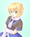  1girl arm_warmers bespectacled blonde_hair dress glasses gomi_(gomitin) green_background green_eyes looking_at_viewer mizuhashi_parsee open_mouth pointy_ears scarf shirt short_hair short_sleeves simple_background solo touhou 