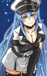  1girl akame_ga_kill! blue_eyes blue_hair breasts cleavage collarbone esdeath highres large_breasts long_hair looking_at_viewer military military_uniform snow snowing solo uniform 